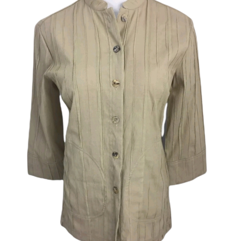 Citron Santa Monica Women Top Bamboo Blend Khaki Mandarin Collar Pleated Top PM